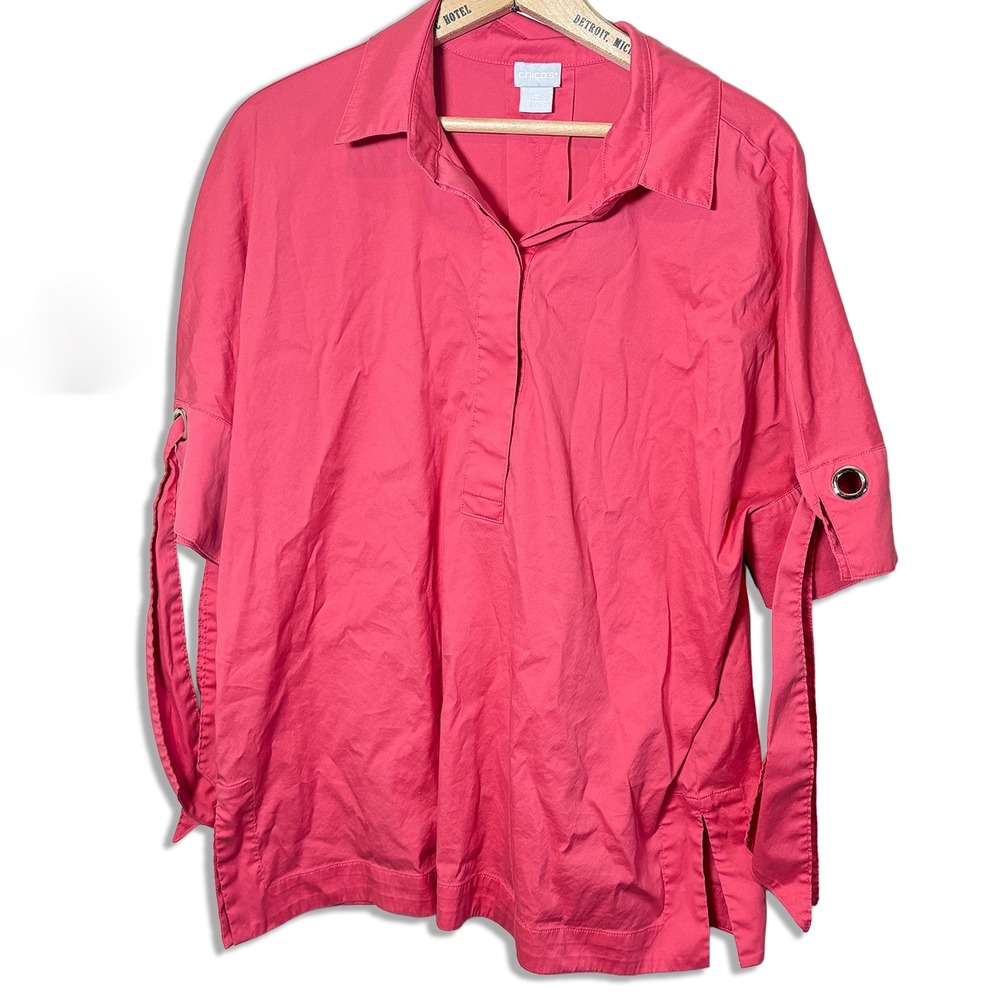 Chicos Pink Popover Short Sleeve Shirt Button Up Tunic Blouse Cotton Womens L